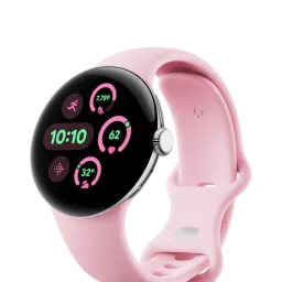 Google Pixel Watch 3 45mm Wi-Fi Polished Silver Aluminum Rose Quartz Band