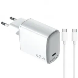 Incarcator Retea Celly UltraCompact GaN 1xUSB-C 65W Alb, include cablu USB-C to TypeC 2m