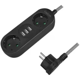 Prelungitor LogiLink LPS262U, cordon textil, stecher plat, 2 prize, 3xUSB-A 5V/3.2A 16W, IP20, cablu H05VV-F 3G 1,5 mm?, cordon 1.5 m, Negru/Alb