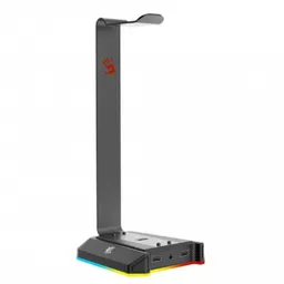 Gaming Headset Stand Bloody GS2, 3xUSB 2.0, 1x3.5mm(apin), 7.1 Sound Card, RGB, Aluminum Frame. Встроенная звуковая карта объемного звучания USB 7.1 обеспечивает более глубокое погружение в игровой процесс и детализацию звука. Подставка оснащена тремя портами USB и одним разъемом AUX 4-Pin 3.5 мм. Идеальный аксессуар для игровых столов и подарок для геймеров. Легко выберите нужный цвет подсветки одним касанием. Съемный кабель USB TYPE-C в оплетке длиной 150 см обеспечивает стабильное соединение. Каркас из алюминиевого сплава обеспечивает безопасную и стабильную поддержку для ваших наушников.