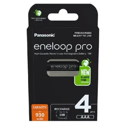 AAA Eneloop PRO 930mAh, Blister*4, Panasonic, BK-4HCDE/4CP Format bateriei  AAA Tip de baterie  Ni-MH Tensiune   1,2 V Reincarcabila  Reincarcabil