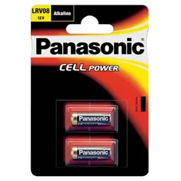 LR08 Panasonic "CELL Power" 12V, Alkaline, Blister*2, LRV08L/2BE, (23A, 8LR23), Батарейка LRV08 - также известная как 8LR932, 8LR23, ANSI-1181A, 3LR50, A23, K23A, MN21, E23A, GP23A, V23GA. Цилиндрическая, меньше чем элемент ААА, имеет длину 28,9 мм и диаметр 10,3 мм, вес около 8 граммов. Батарея LRV08 собрана из 8 элементов (обычно щелочных элементов LR932), её номинальное напряжение 12 В, типовая ёмкость 40 мА·ч., http //www.panasonic-batteries.com/eu/products/special/micro_alkaline/LRV08,