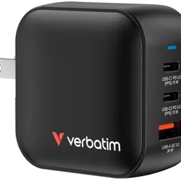 USB Charger VERBATIM Mini GaN Charger 70W, 3 Port (2 USB-C PD 3.0, 1 USB-A QC 3.0), US plug with EU and UK adaptors, fireproof material, black