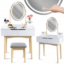 Masa de toaleta jumi masa de toaleta cu taburet și oglindă ovala cu lumina led, , 140x80x40cm, alb cm-920576